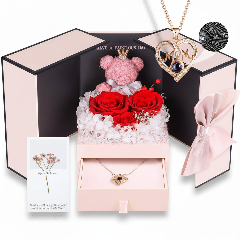 Konservierte Rosen-Geschenkbox mit Herzdisplay und versteckter Halskette | Temsk