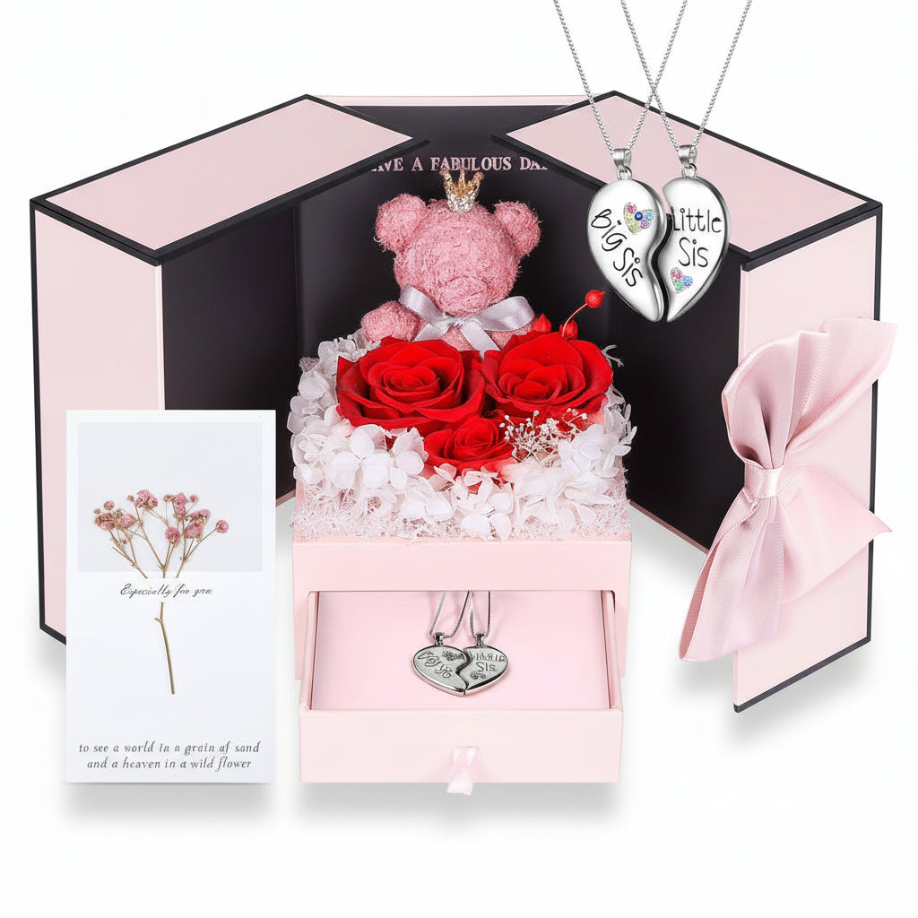 Konservierte Rosen-Geschenkbox mit Herzdisplay und versteckter Halskette | Temsk