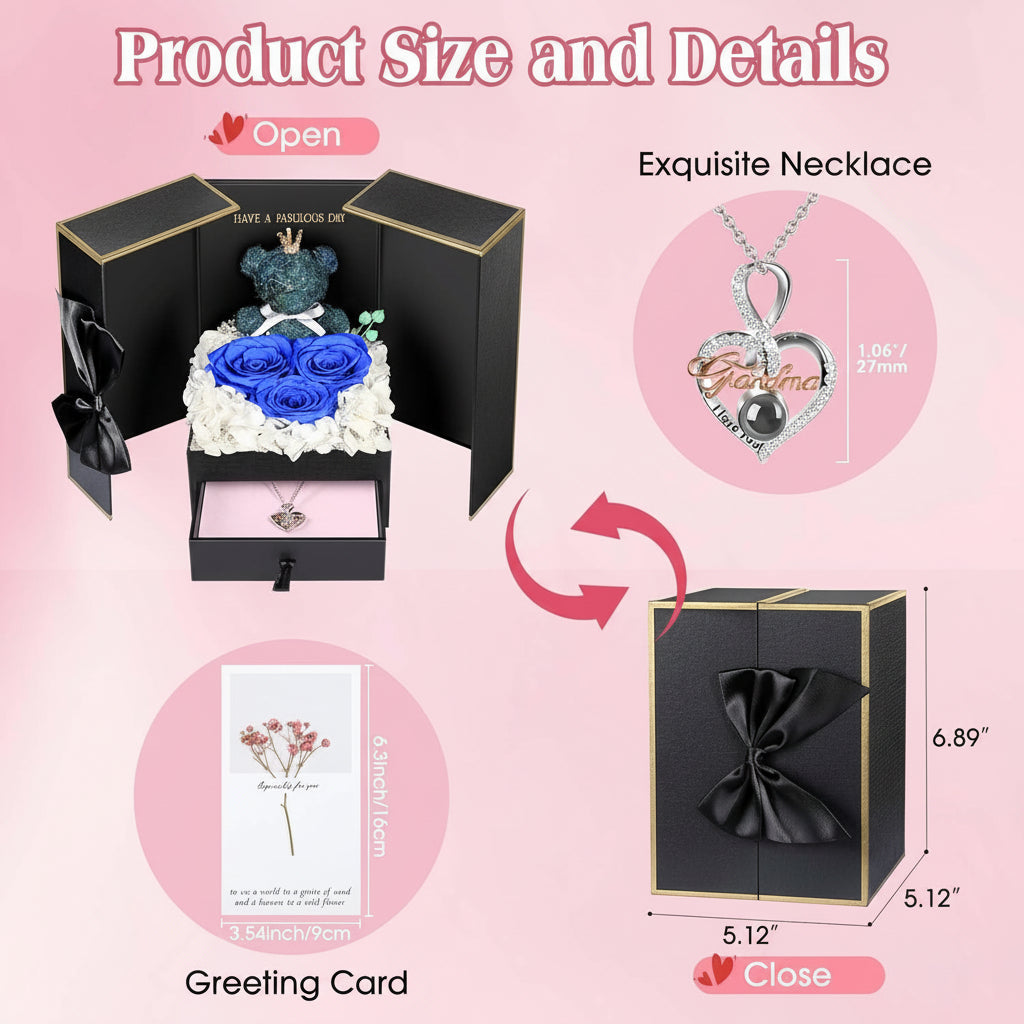 Konservierte Rosen-Geschenkbox mit Herzdisplay und versteckter Halskette | Temsk