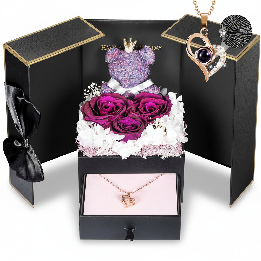 Konservierte Rosen-Geschenkbox mit Herzdisplay und versteckter Halskette | Temsk