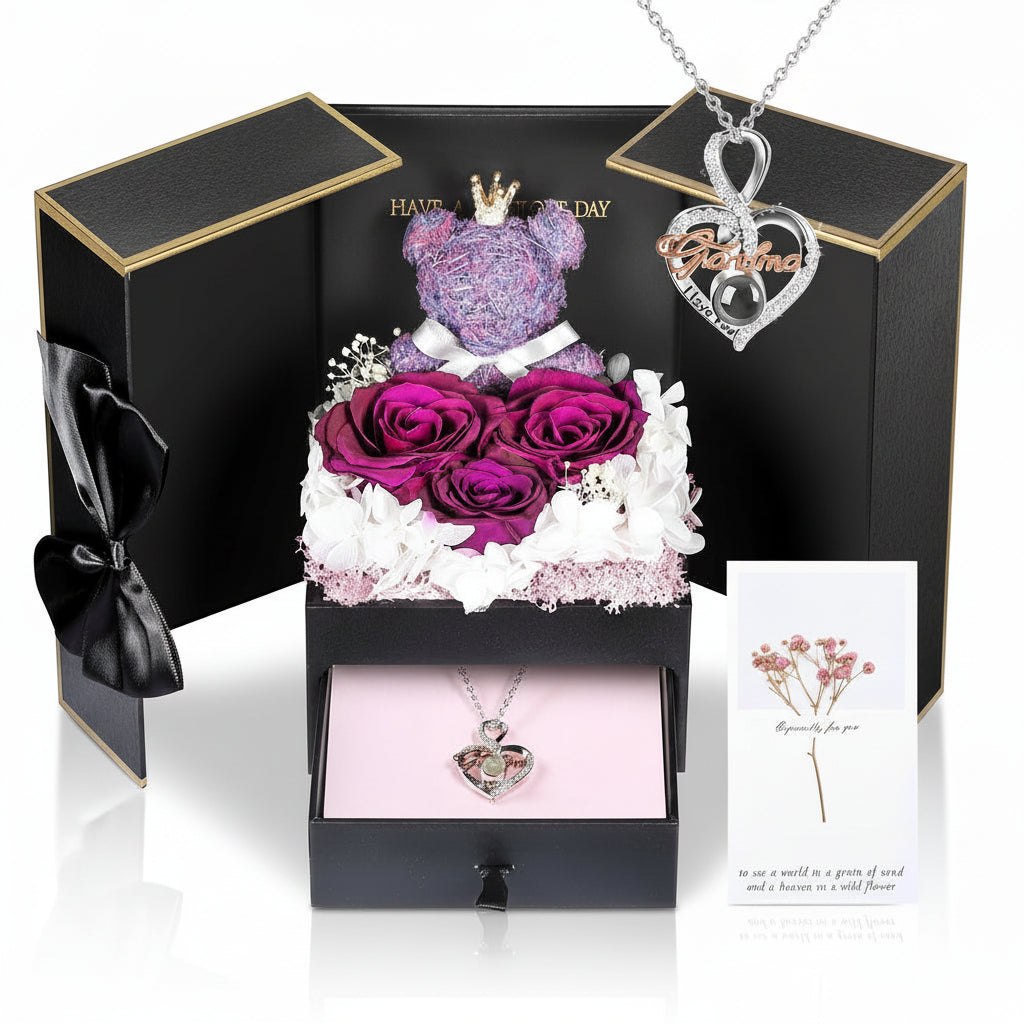 Konservierte Rosen-Geschenkbox mit Herzdisplay und versteckter Halskette | Temsk