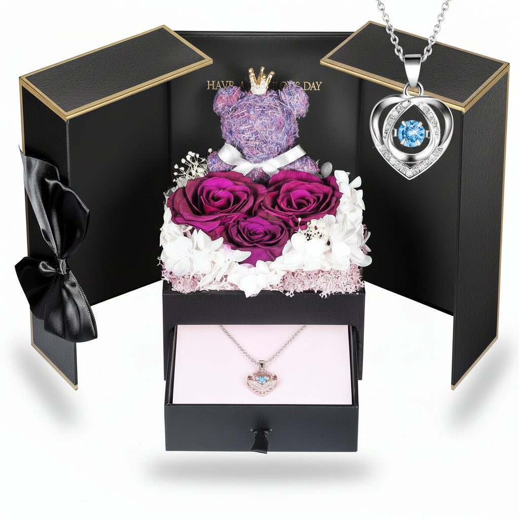 Konservierte Rosen-Geschenkbox mit Herzdisplay und versteckter Halskette | Temsk