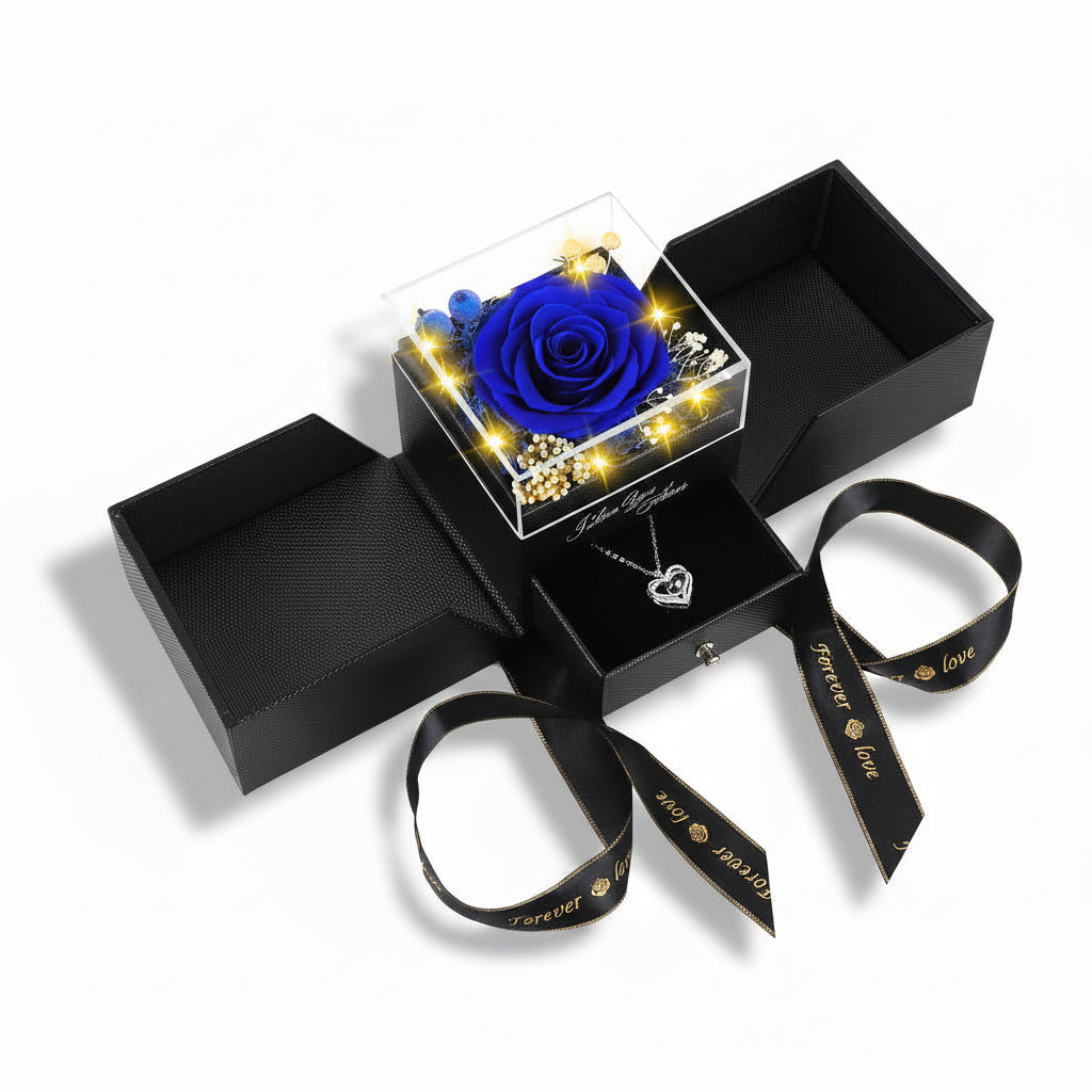 Elegante Geschenkbox mit konservierter Rose, LED-Licht und Liebes-Halskette | Temsk