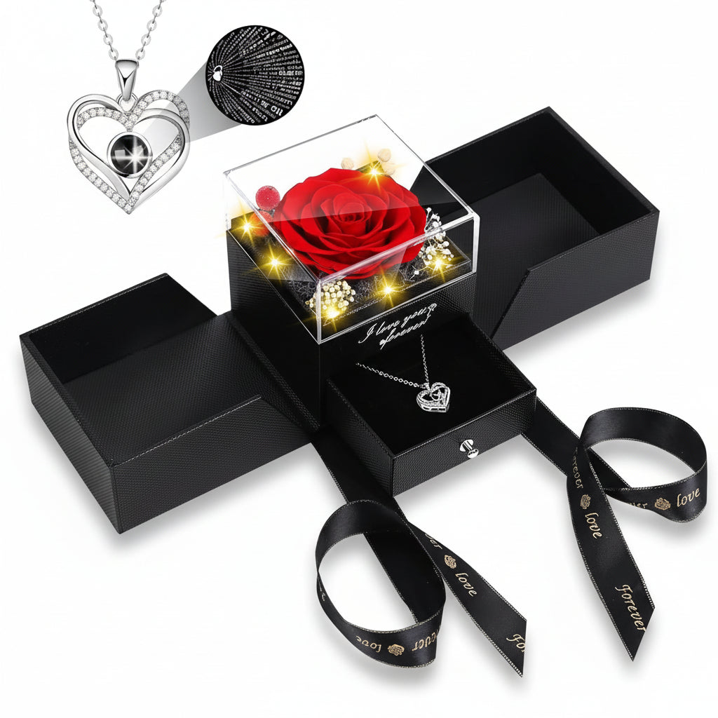 Elegante Geschenkbox mit konservierter Rose, LED-Licht und Liebes-Halskette | Temsk