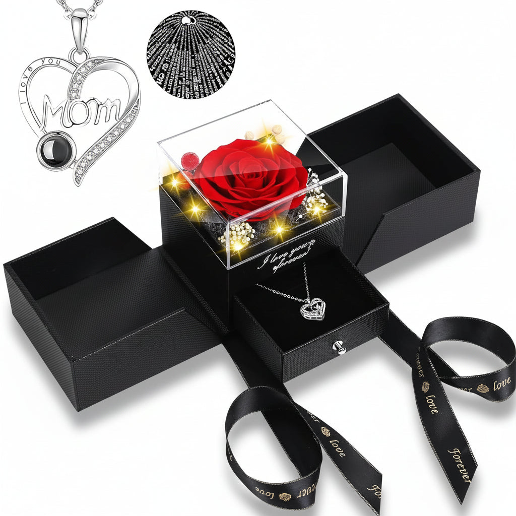 Elegante Geschenkbox mit konservierter Rose, LED-Licht und Liebes-Halskette | Temsk