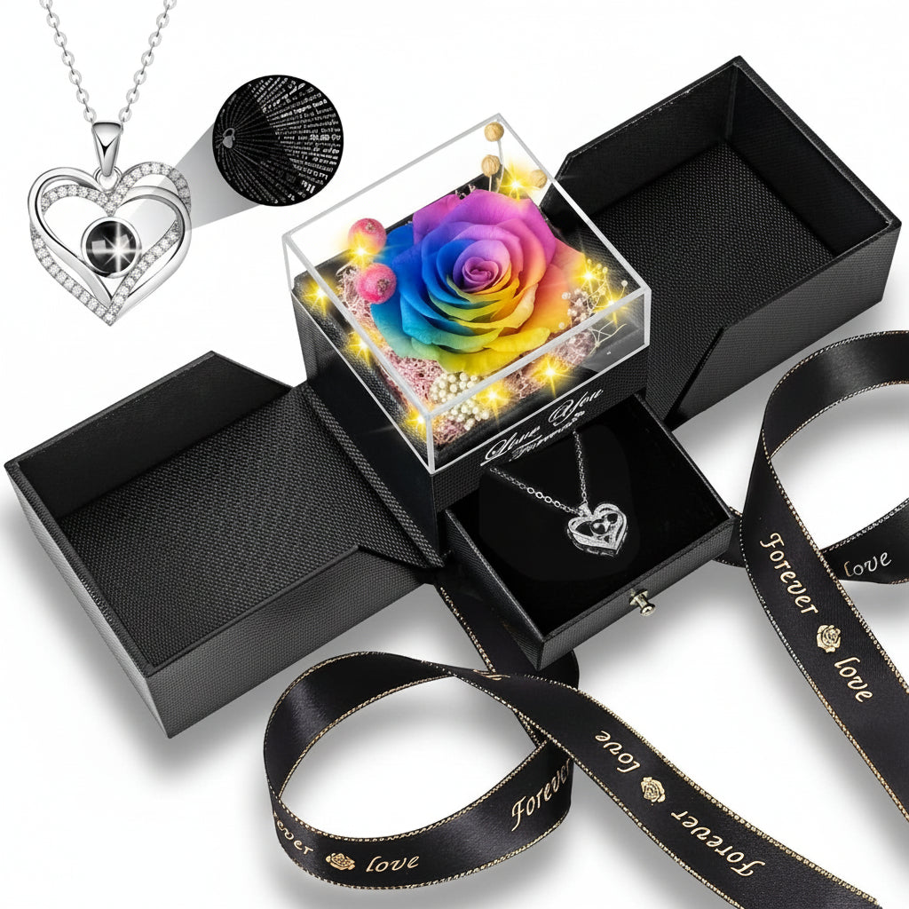 Elegante Geschenkbox mit konservierter Rose, LED-Licht und Liebes-Halskette | Temsk