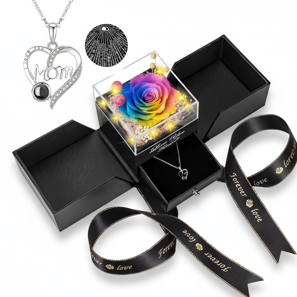 Elegante Geschenkbox mit konservierter Rose, LED-Licht und Liebes-Halskette | Temsk