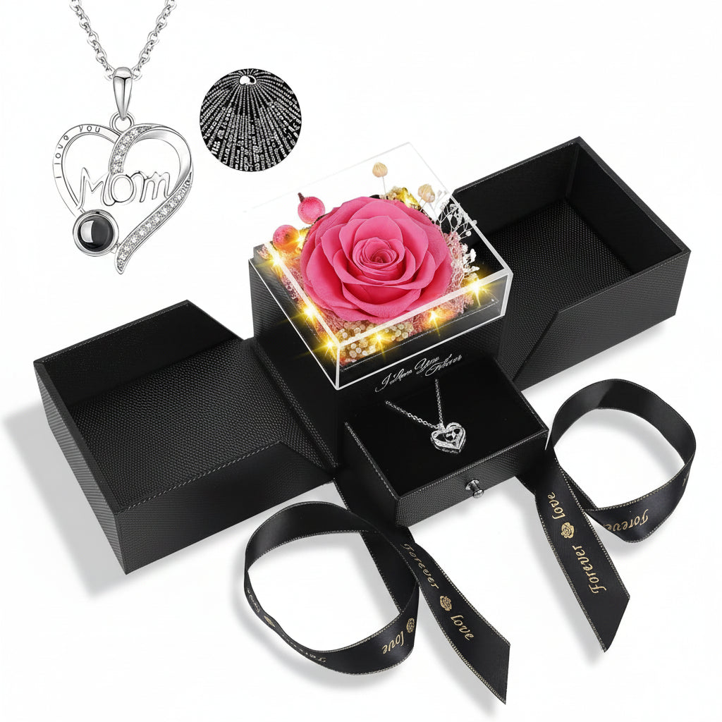 Elegante Geschenkbox mit konservierter Rose, LED-Licht und Liebes-Halskette | Temsk