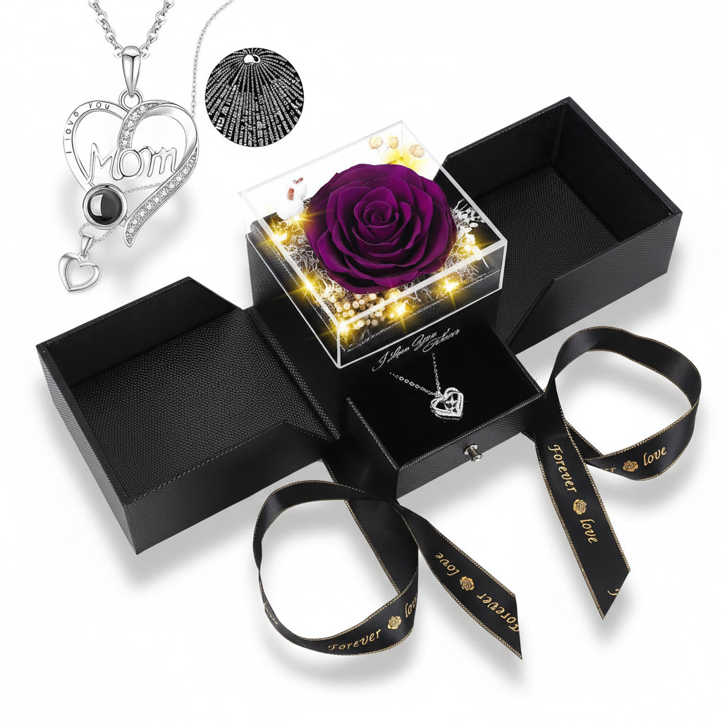 Elegante Geschenkbox mit konservierter Rose, LED-Licht und Liebes-Halskette | Temsk