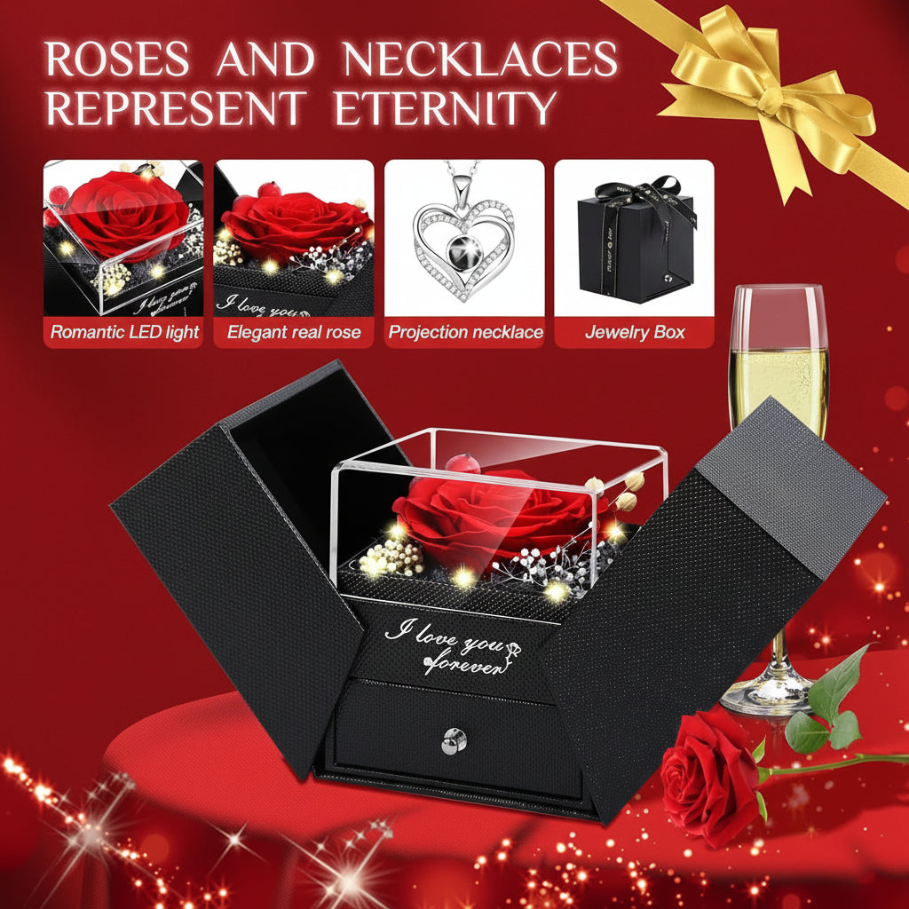 Elegante Geschenkbox mit konservierter Rose, LED-Licht und Liebes-Halskette | Temsk