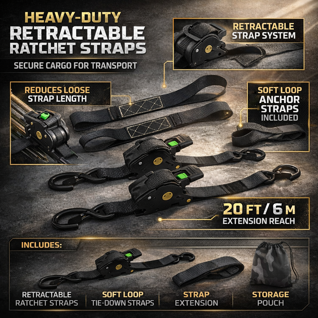 Ratchet Straps Cargo Tie Down Set With Retractable Hooks Heavy Duty | Temsk
