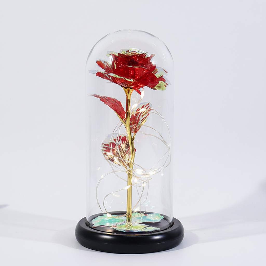 Mothers Day Rose Figure Display Under Glass Dome With Soft Lights | Temsk