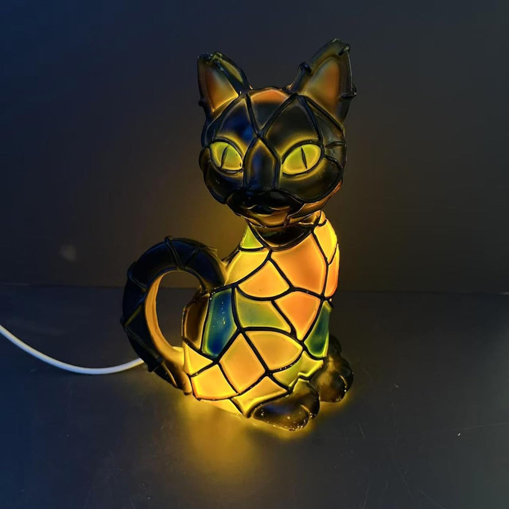 Stolní lampa ve stylu Tiffany s pryskyřicovou kočkou a teplým světlem | Temsk