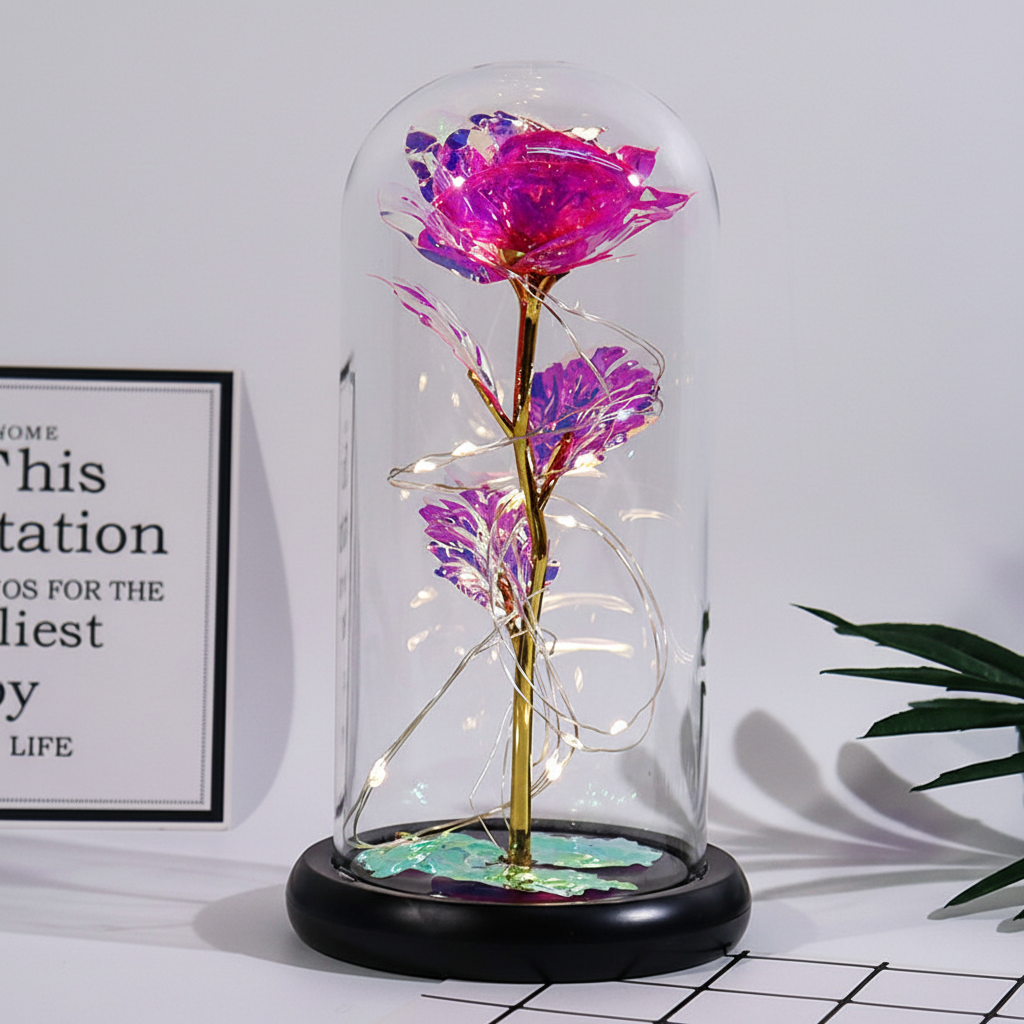 Mothers Day Rose Figure Display Under Glass Dome With Soft Lights | Temsk