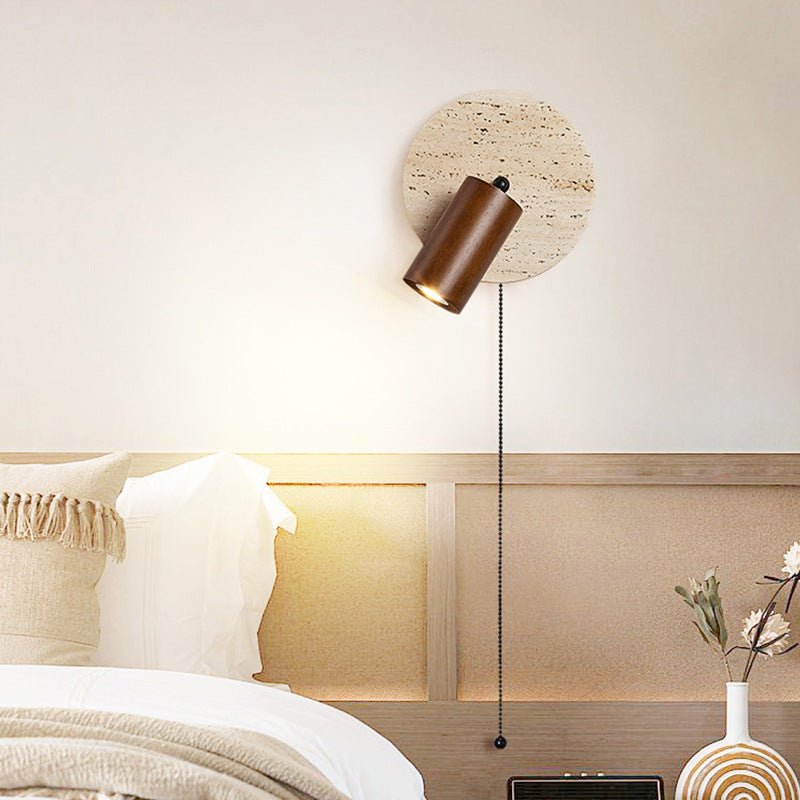 Rotatable LED Wall Sconce With Travertine And Wood Finish, 1-Light | Temsk