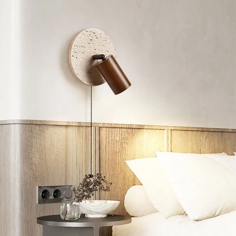 Rotatable LED Wall Sconce With Travertine And Wood Finish, 1-Light | Temsk
