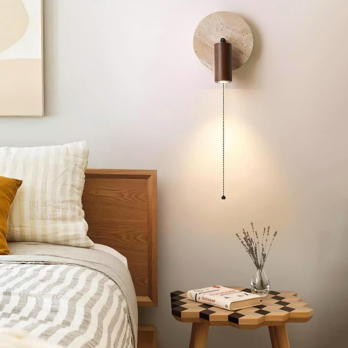 Rotatable LED Wall Sconce With Travertine And Wood Finish, 1-Light | Temsk