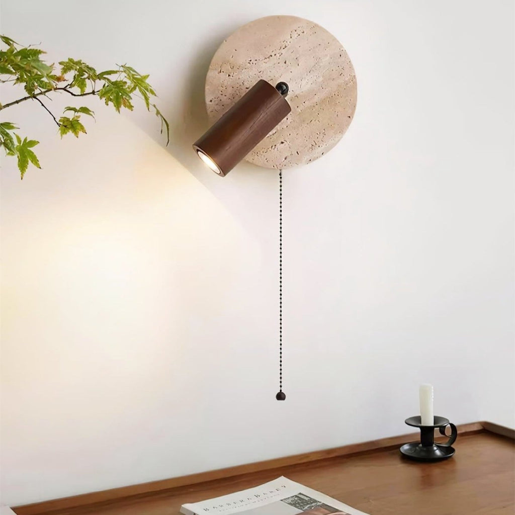 Rotatable LED Wall Sconce With Travertine And Wood Finish, 1-Light | Temsk