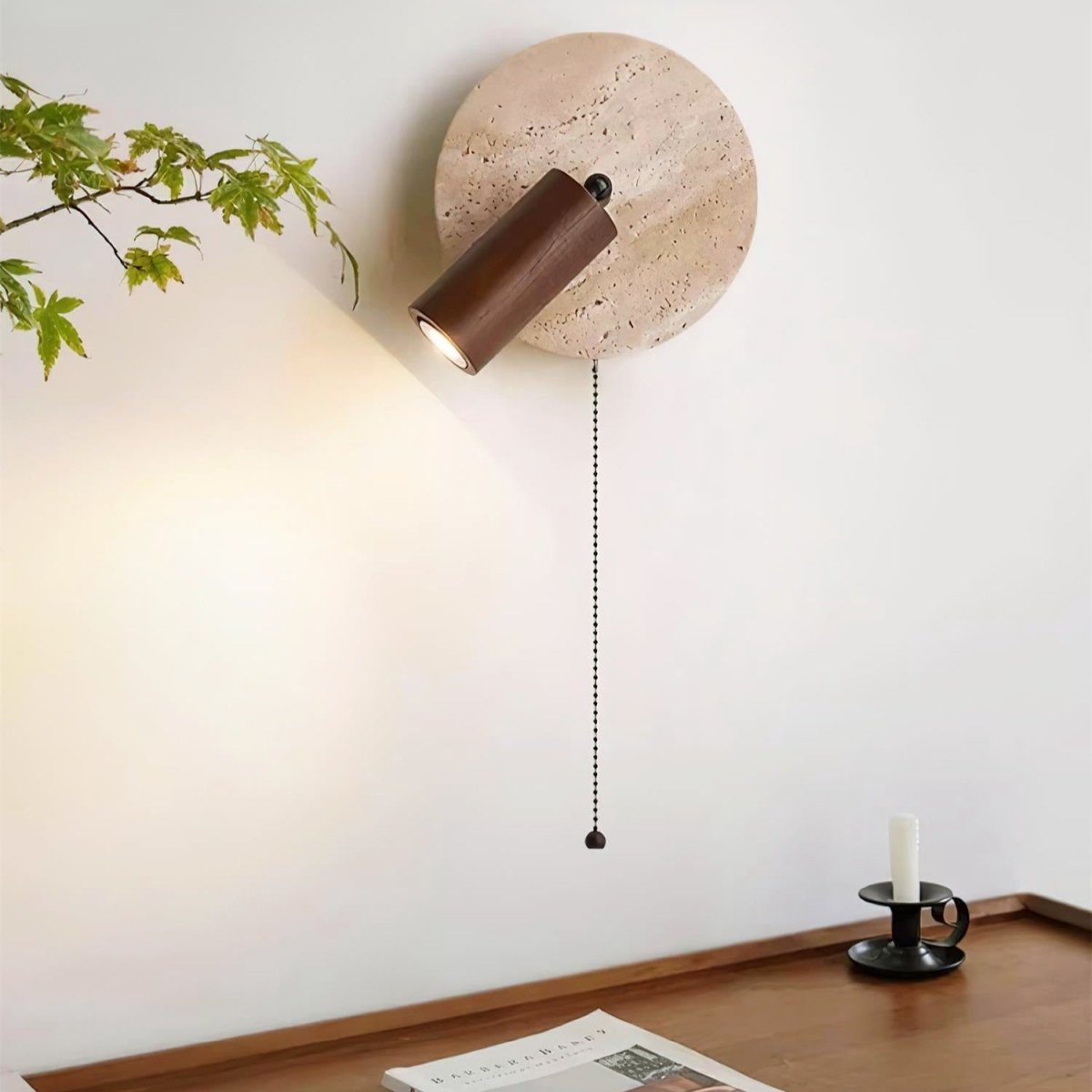 Rotatable LED Wall Sconce With Travertine And Wood Finish, 1-Light | Temsk