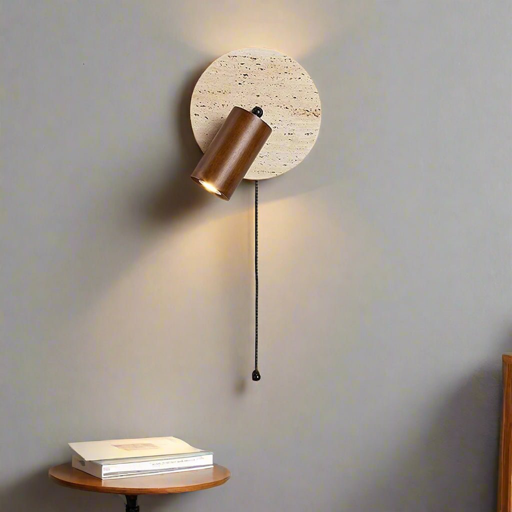 Rotatable LED Wall Sconce With Travertine And Wood Finish, 1-Light | Temsk