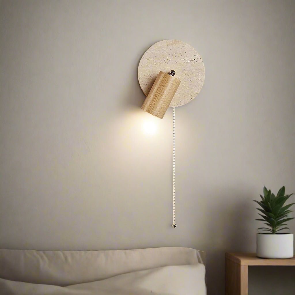 Rotatable LED Wall Sconce With Travertine And Wood Finish, 1-Light | Temsk