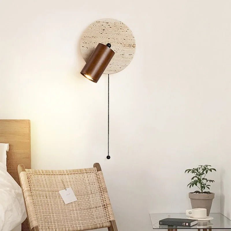 Rotatable LED Wall Sconce With Travertine And Wood Finish, 1-Light | Temsk