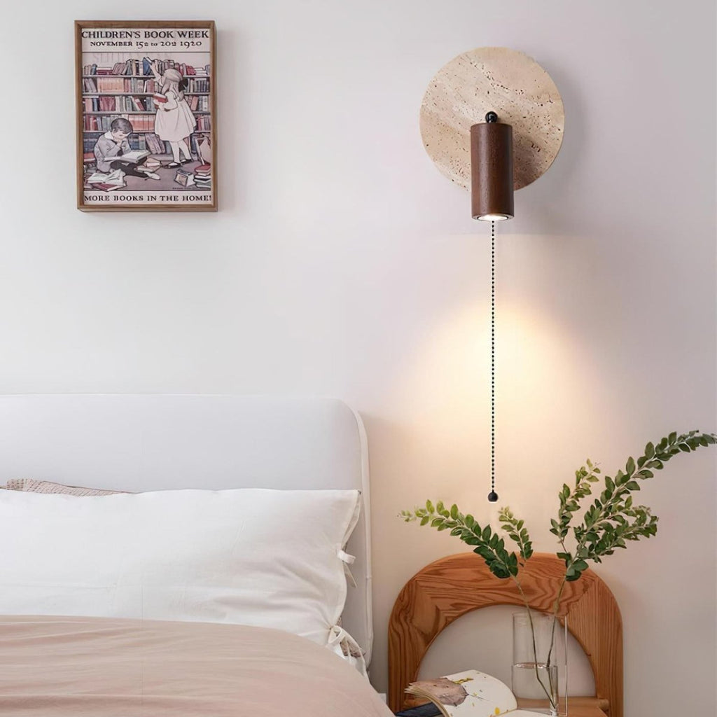 Rotatable LED Wall Sconce With Travertine And Wood Finish, 1-Light | Temsk