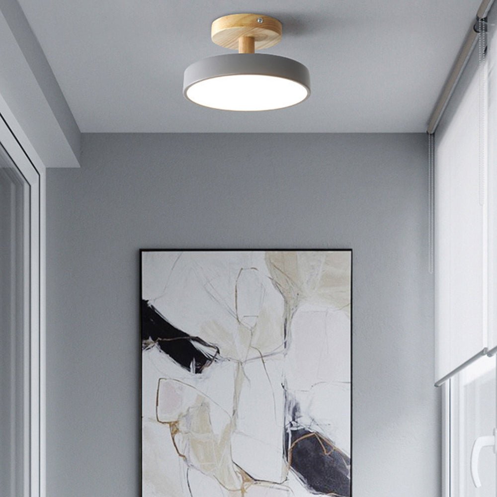 Round LED Semi-Flush Ceiling Light With Wood Base, 12 Inches | Temsk