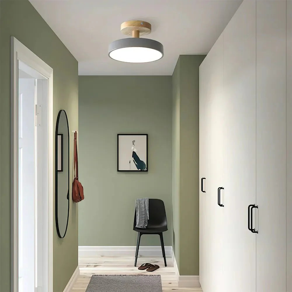 Round LED Semi-Flush Ceiling Light With Wood Base, 12 Inches | Temsk