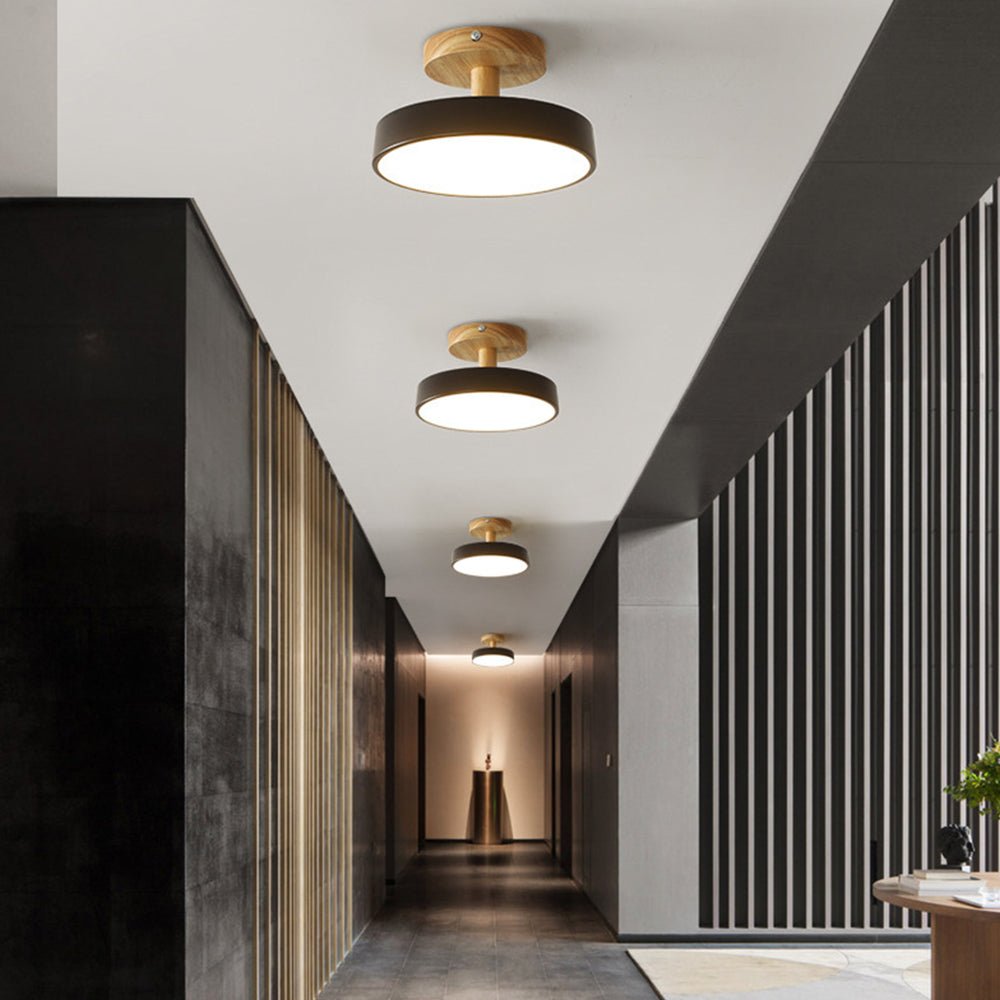 Round LED Semi-Flush Ceiling Light With Wood Base, 12 Inches | Temsk