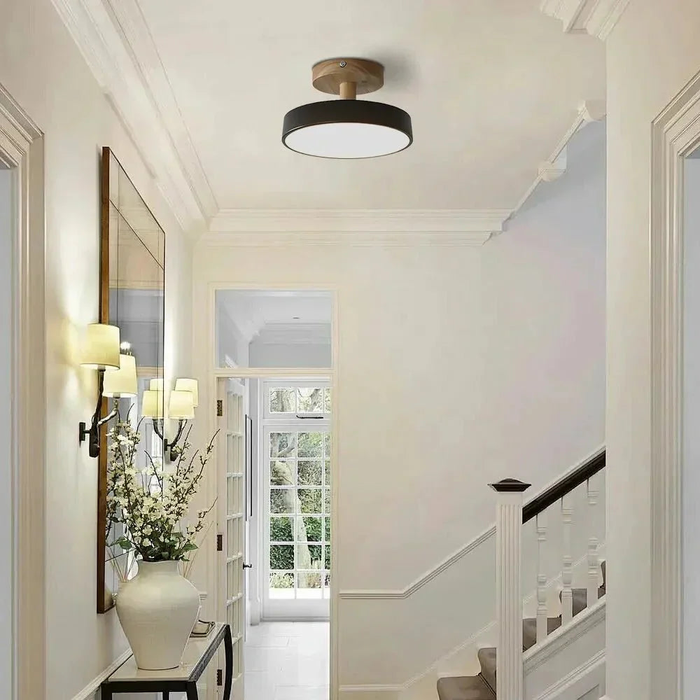 Round LED Semi-Flush Ceiling Light With Wood Base, 12 Inches | Temsk