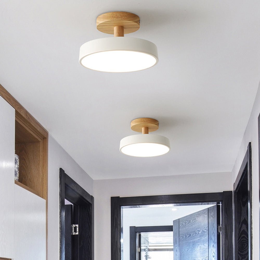 Round LED Semi-Flush Ceiling Light With Wood Base, 12 Inches | Temsk