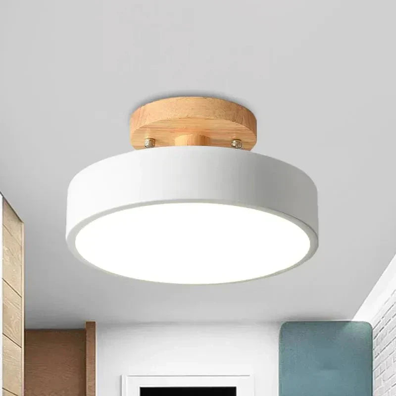 Round LED Semi-Flush Ceiling Light With Wood Base, 12 Inches | Temsk