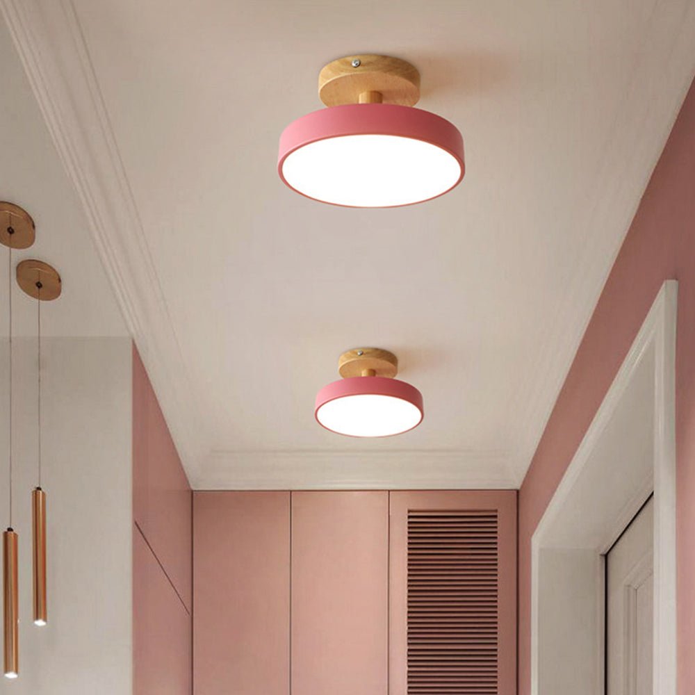 Round LED Semi-Flush Ceiling Light With Wood Base, 12 Inches | Temsk