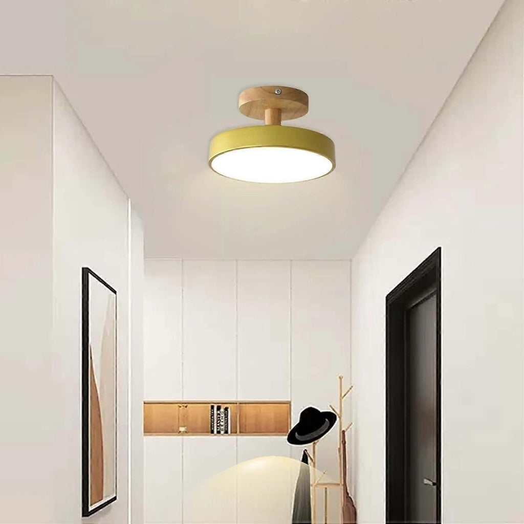 Round LED Semi-Flush Ceiling Light With Wood Base, 12 Inches | Temsk