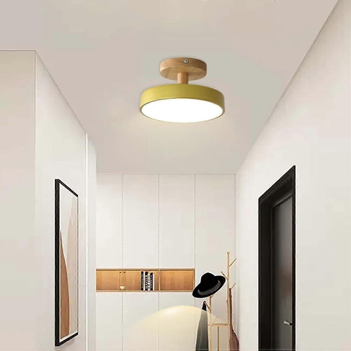 Round LED Semi-Flush Ceiling Light With Wood Base, 12 Inches | Temsk