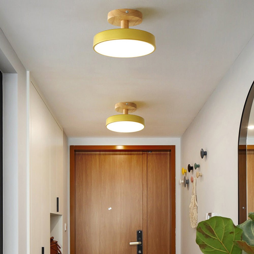 Round LED Semi-Flush Ceiling Light With Wood Base, 12 Inches | Temsk