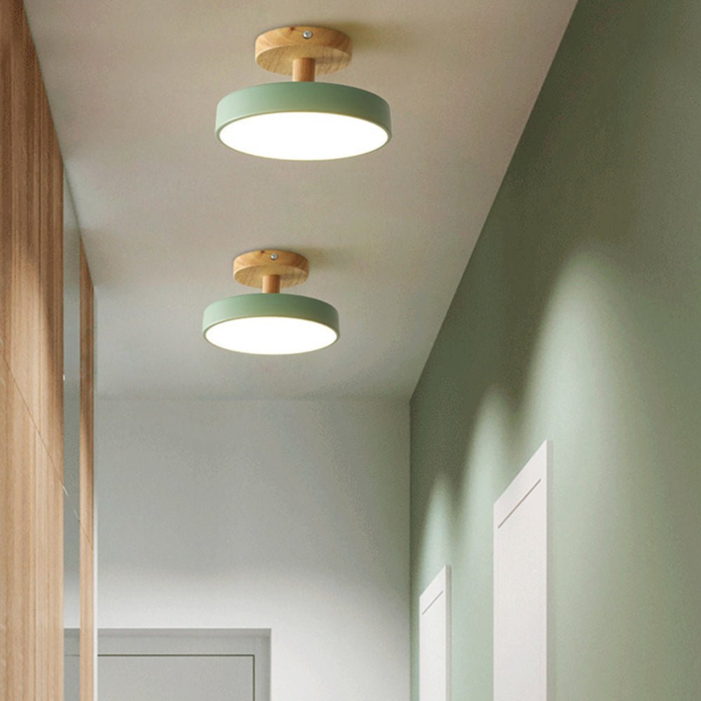Round LED Semi-Flush Ceiling Light With Wood Base, 12 Inches | Temsk