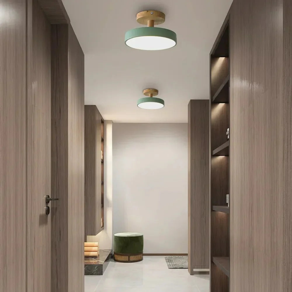 Round LED Semi-Flush Ceiling Light With Wood Base, 12 Inches | Temsk