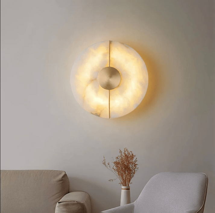 Round LED Wall Sconce With Marble Accent, Modern Nordic Style | Temsk