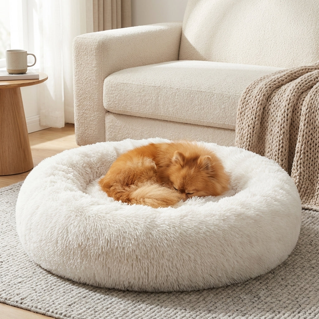 Round Faux Fur Dog Bed With Raised Edges And Removable Cover XS-4XL | Temsk