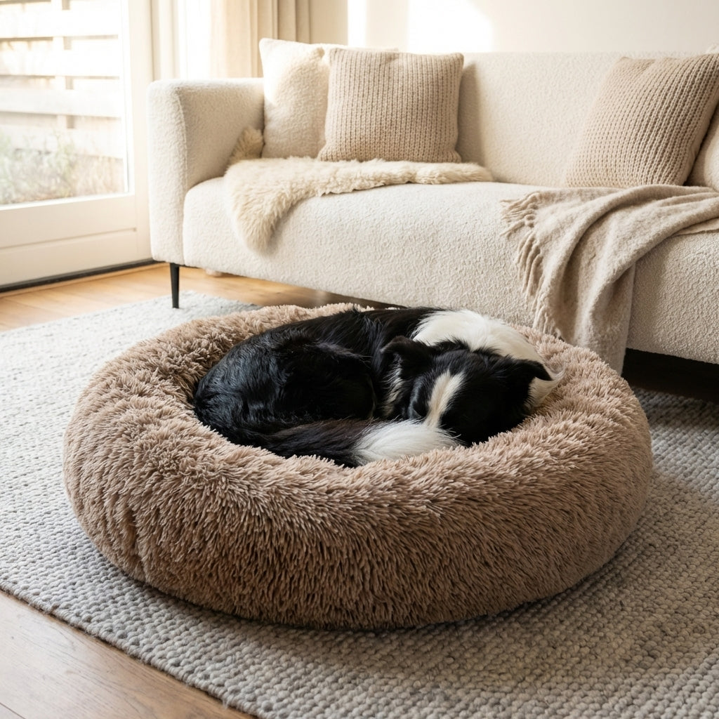 Round Faux Fur Dog Bed With Raised Edges And Removable Cover XS-4XL | Temsk