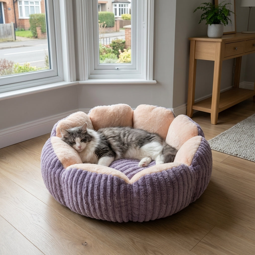 Round Fluffy Cat Bed With Bubble Velvet Three Layer Fill Two Tone Design | Temsk