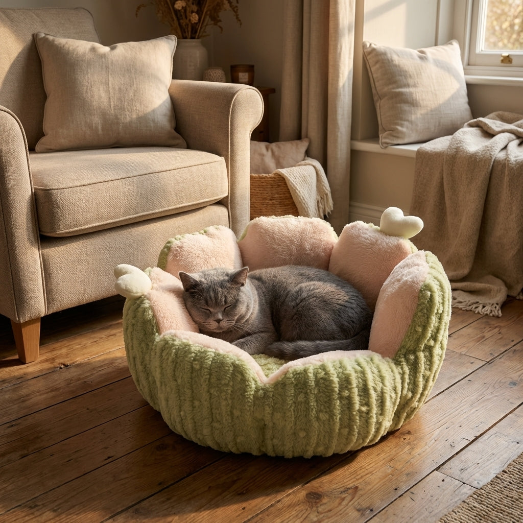 Round Fluffy Cat Bed With Bubble Velvet Three Layer Fill Two Tone Design | Temsk