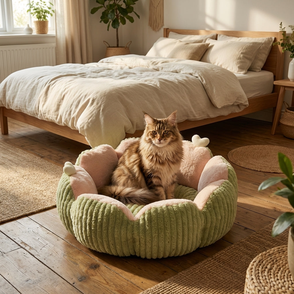 Round Fluffy Cat Bed With Bubble Velvet Three Layer Fill Two Tone Design | Temsk