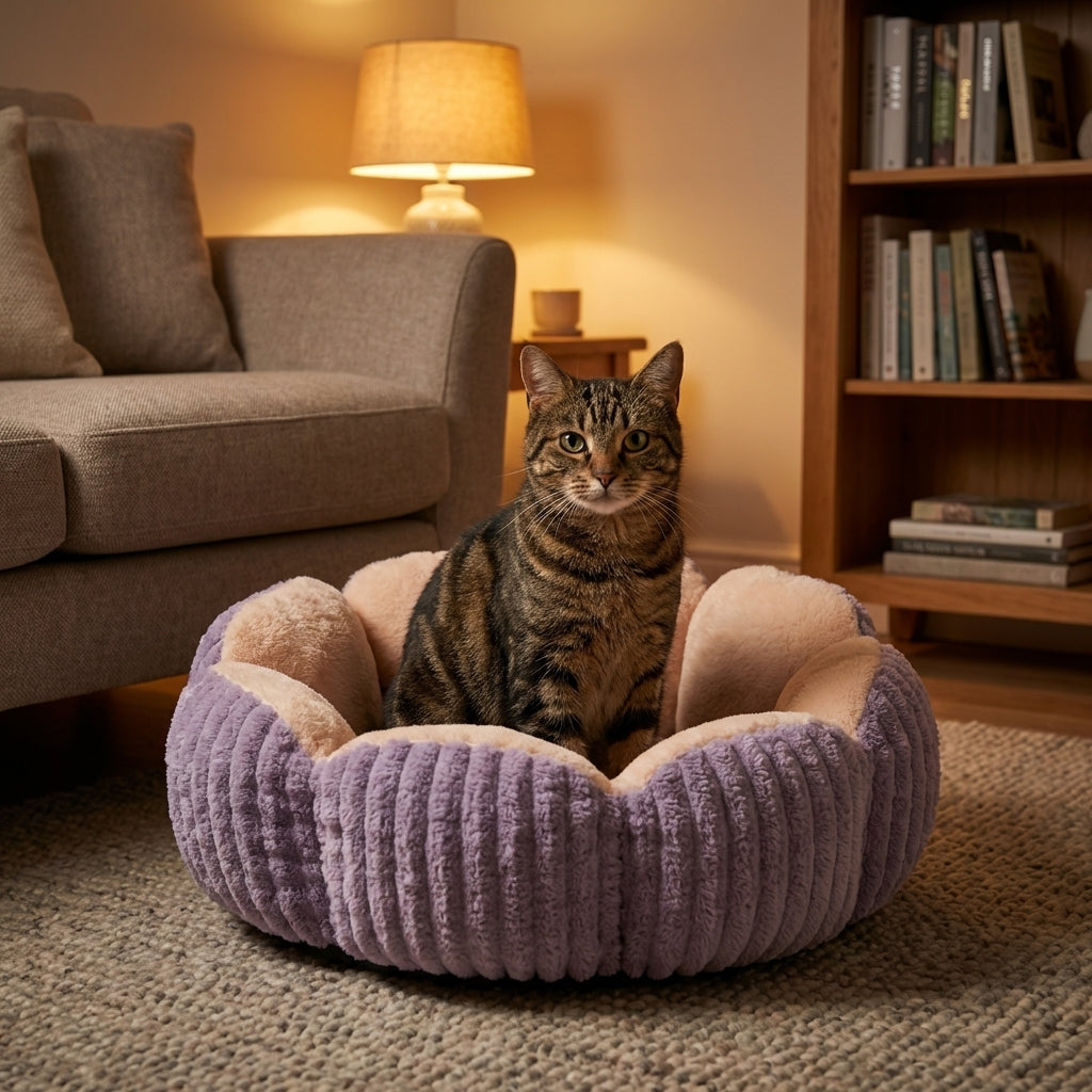 Round Fluffy Cat Bed With Bubble Velvet Three Layer Fill Two Tone Design | Temsk