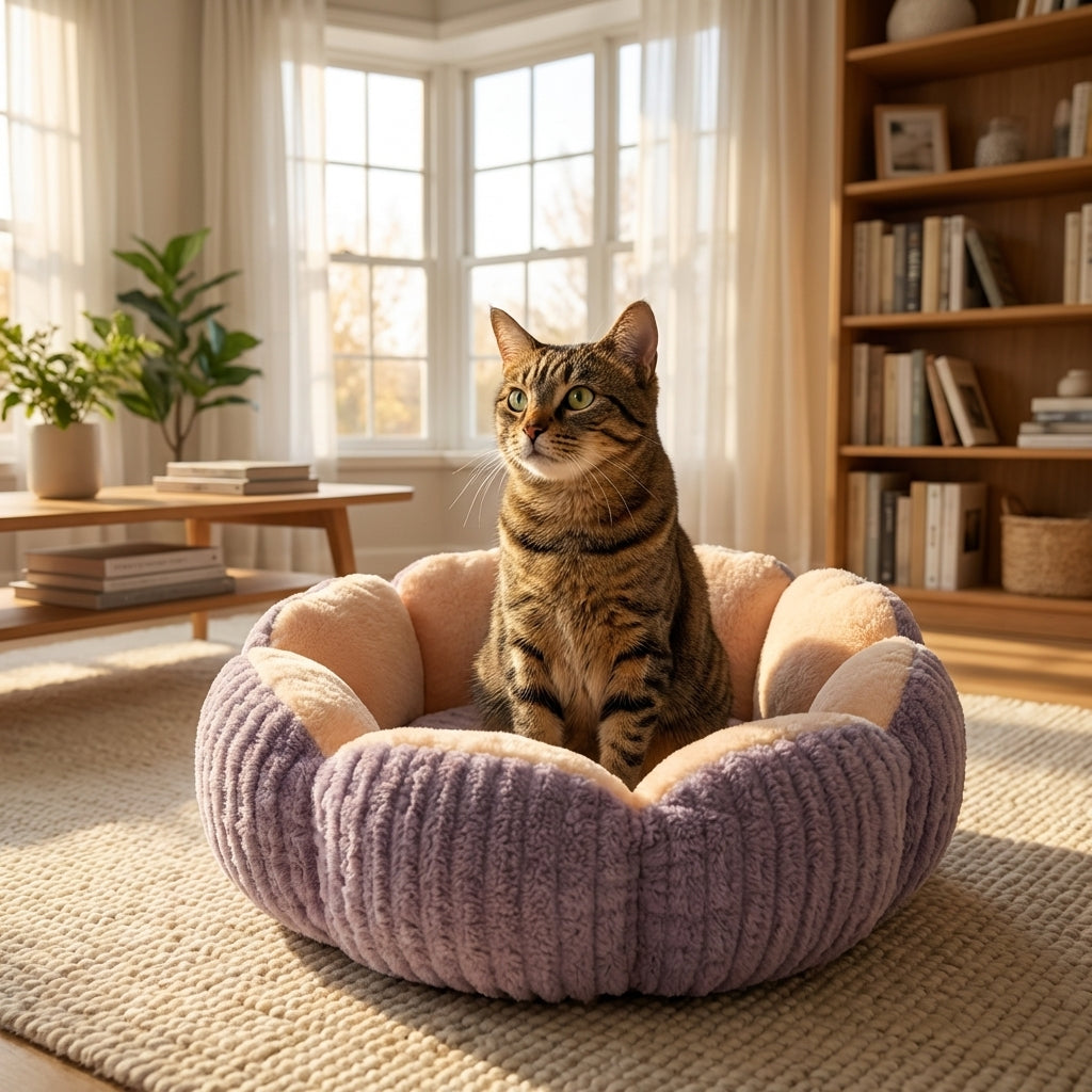Round Fluffy Cat Bed With Bubble Velvet Three Layer Fill Two Tone Design | Temsk