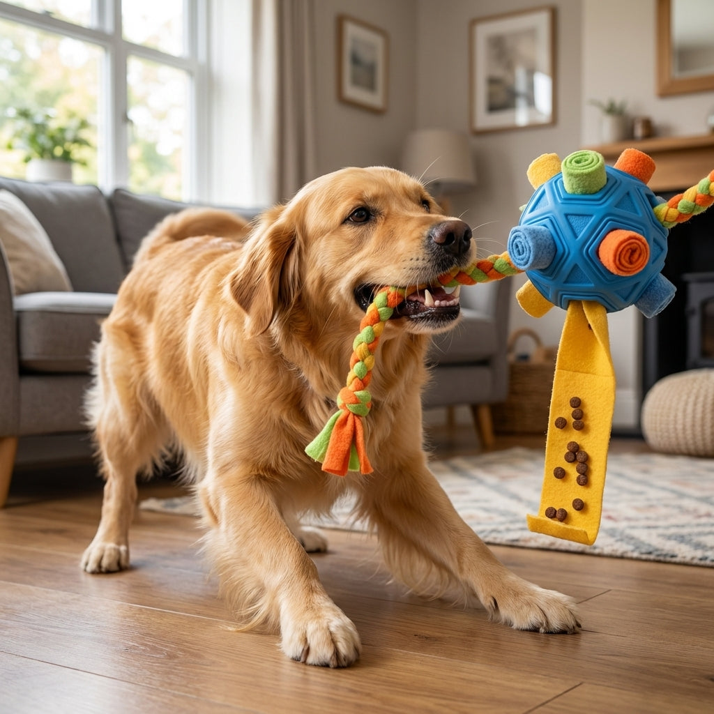 Rubber Snuffle Ball With Fleece Strips And Braided Rope, 2-In-1 Dog Toy | Temsk