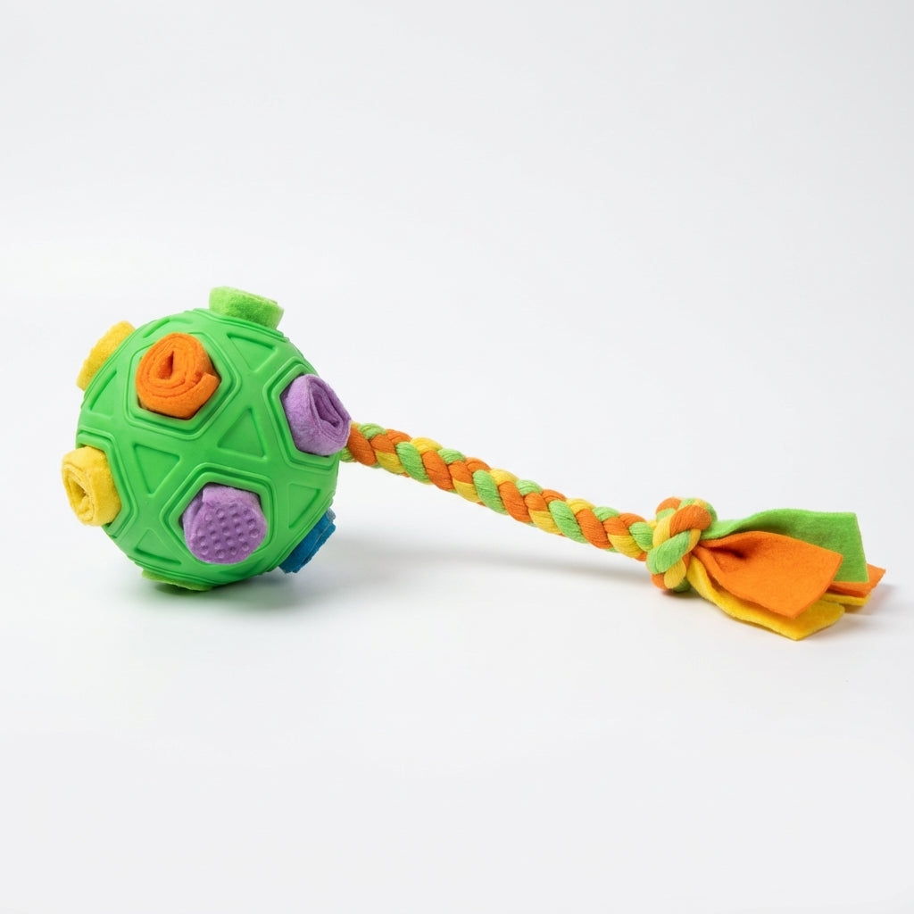 Rubber Snuffle Ball With Fleece Strips And Braided Rope, 2-In-1 Dog Toy | Temsk