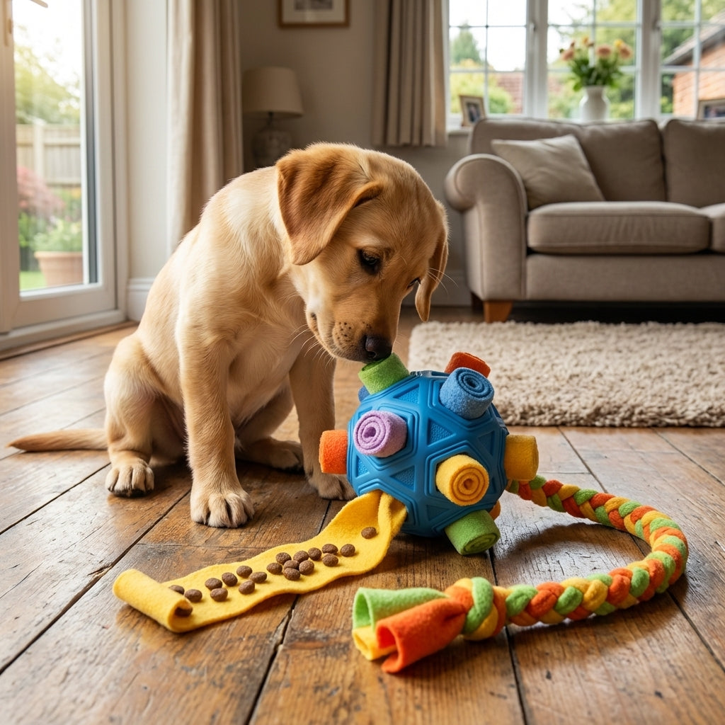 Rubber Snuffle Ball With Fleece Strips And Braided Rope, 2-In-1 Dog Toy | Temsk